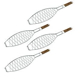 ToCi 4X Fischgriller (Silber) mit Holzgriff | Große Fischbräter Gemüsekorb aus Metall (57 x 13 cm) | Grillfisch Rack Fischgrillzange Fischkorb für Grill und BBQ