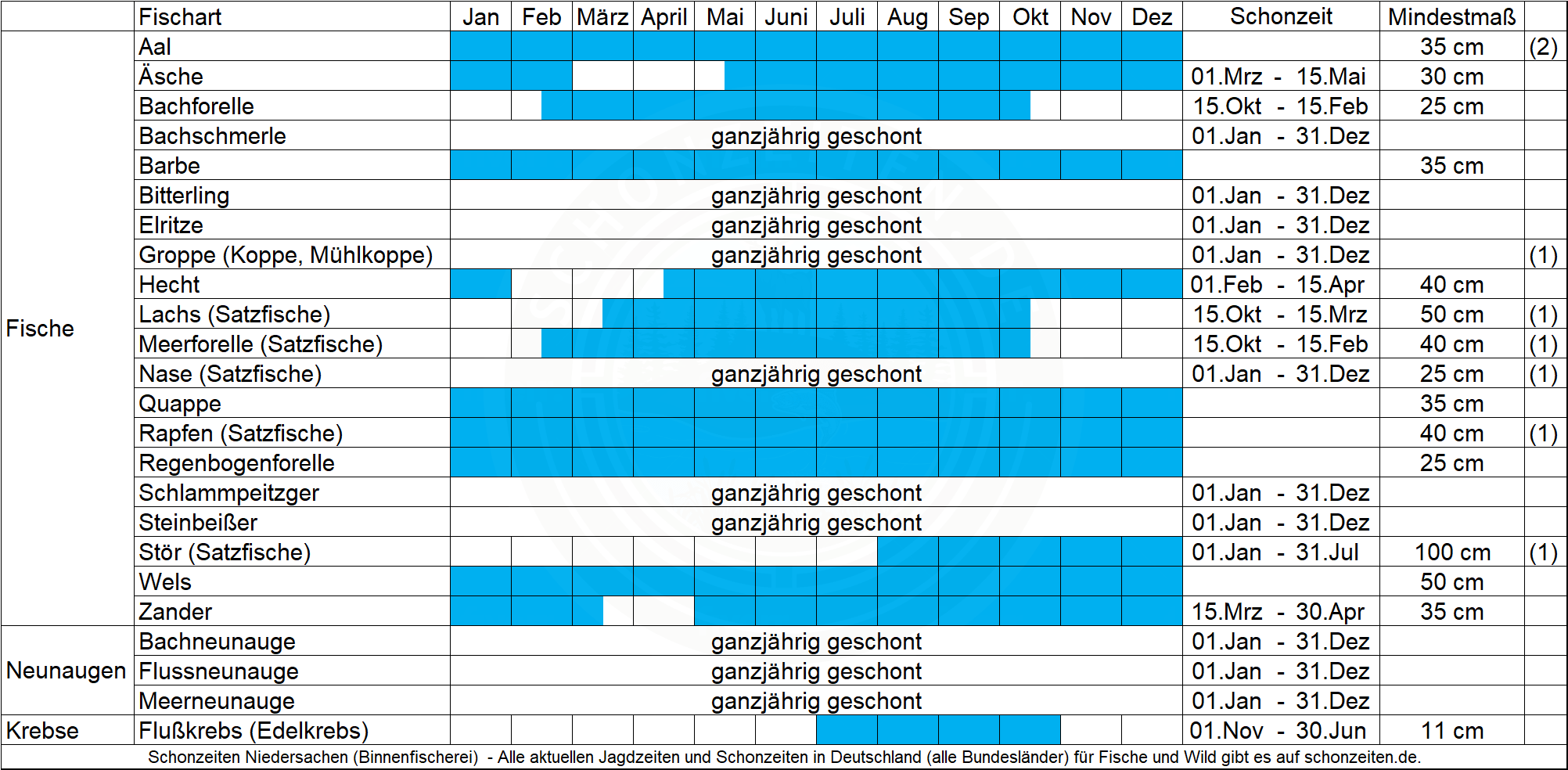 Schonzeiten Fische Niedersachsen (Binnen)